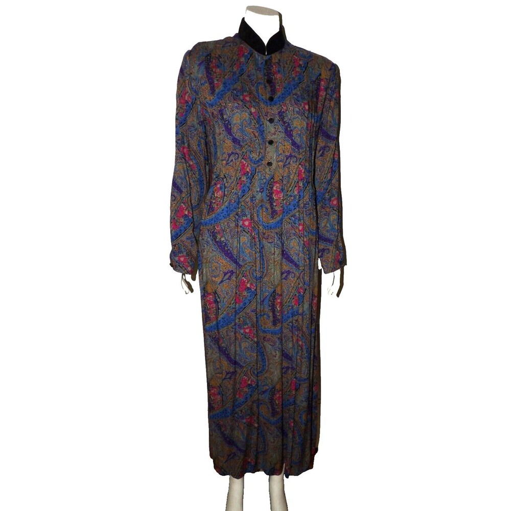 Positive Attitude Paisley Floral Prairie Dress Velvet Collar Buttons Maxi Rayon